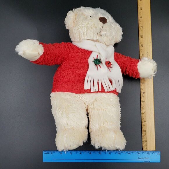 Musical Hallmark Christmas Plush Decor Teddy Bear Plays Jingle Bells Red Cream - Picture 9 of 16